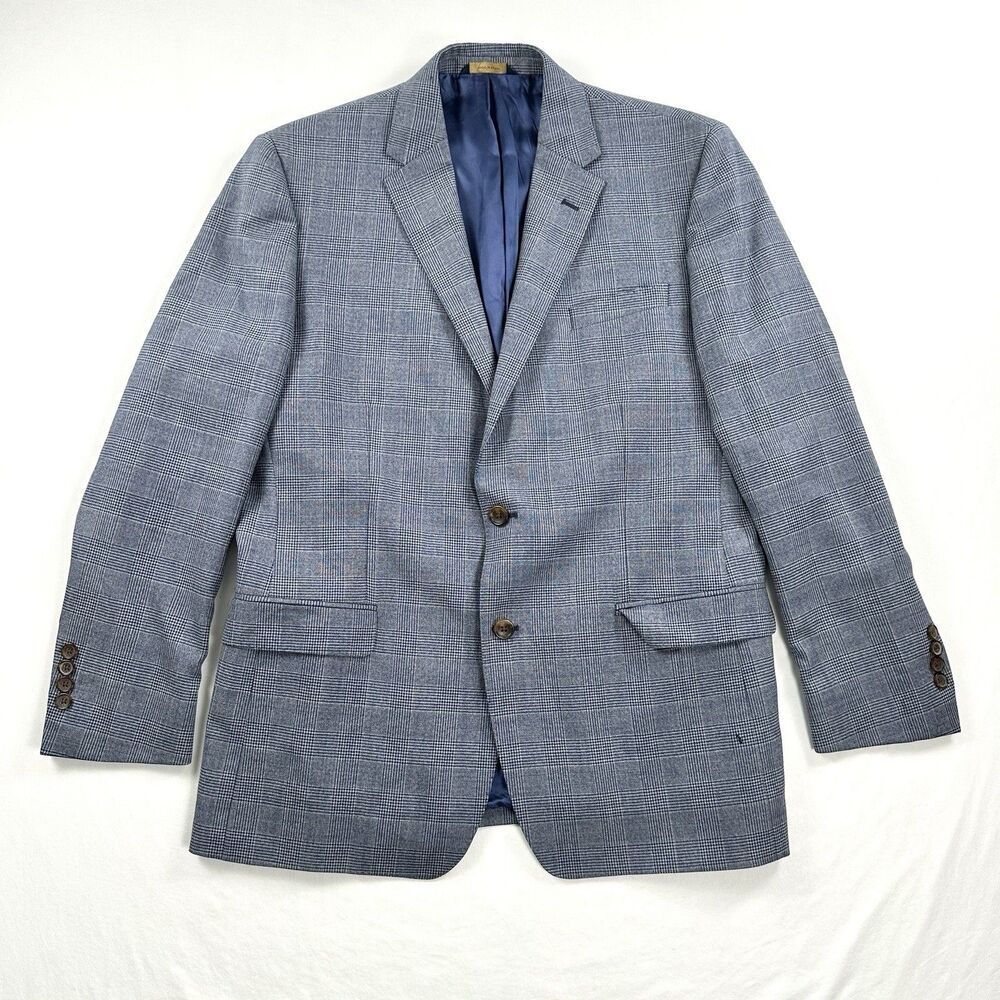 Brooks Brothers Milano Fit Wool Blazer Jacket 44R Blue Gray Windowpane 2 Vent